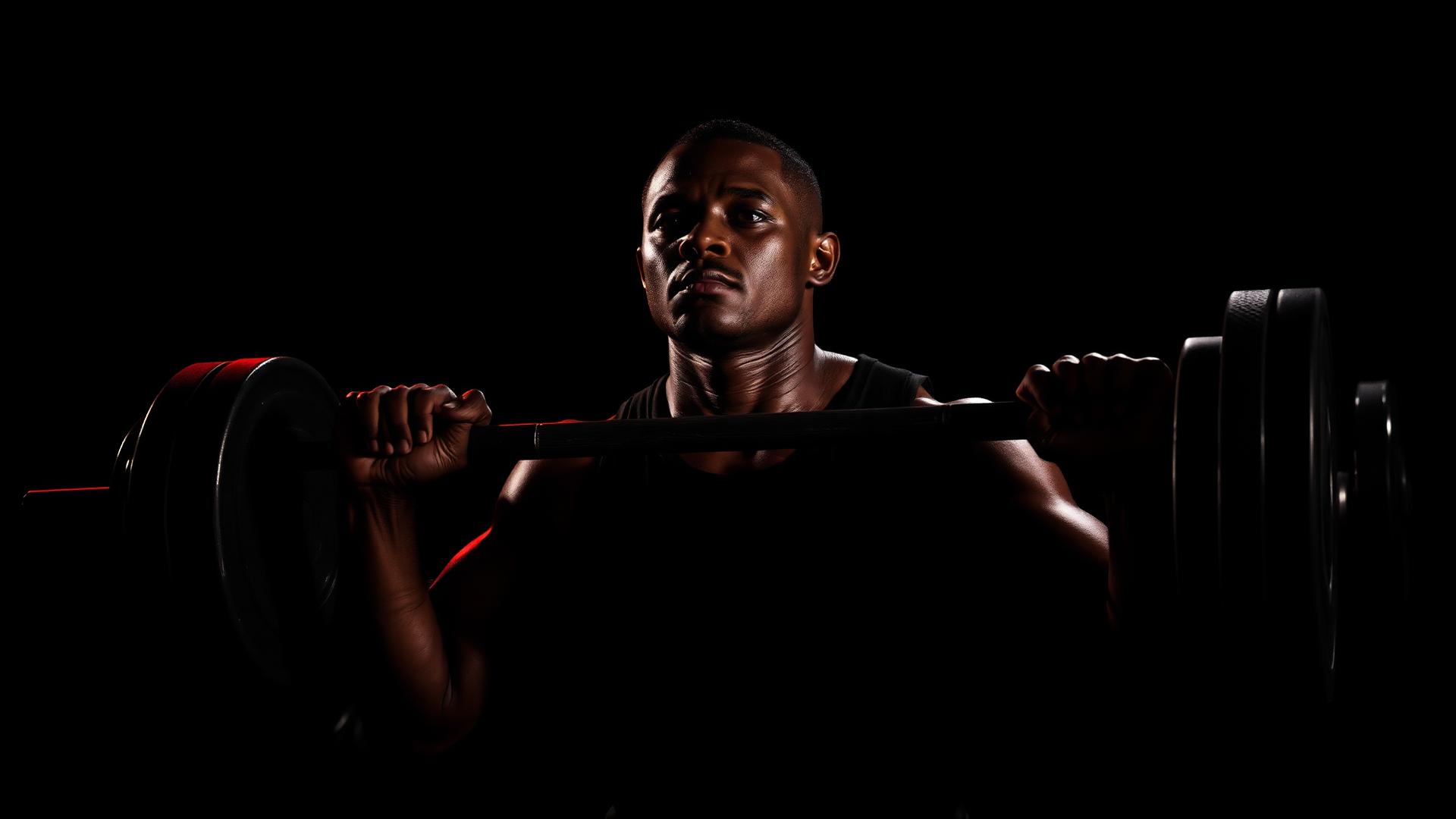 African athlete performing a heavy barbell lift in a red-lit gym