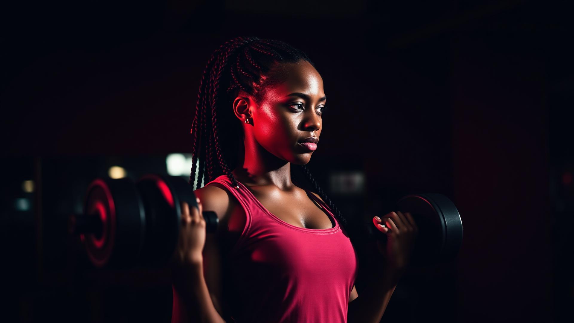 Strong African woman training with dumbbells under red gym lights