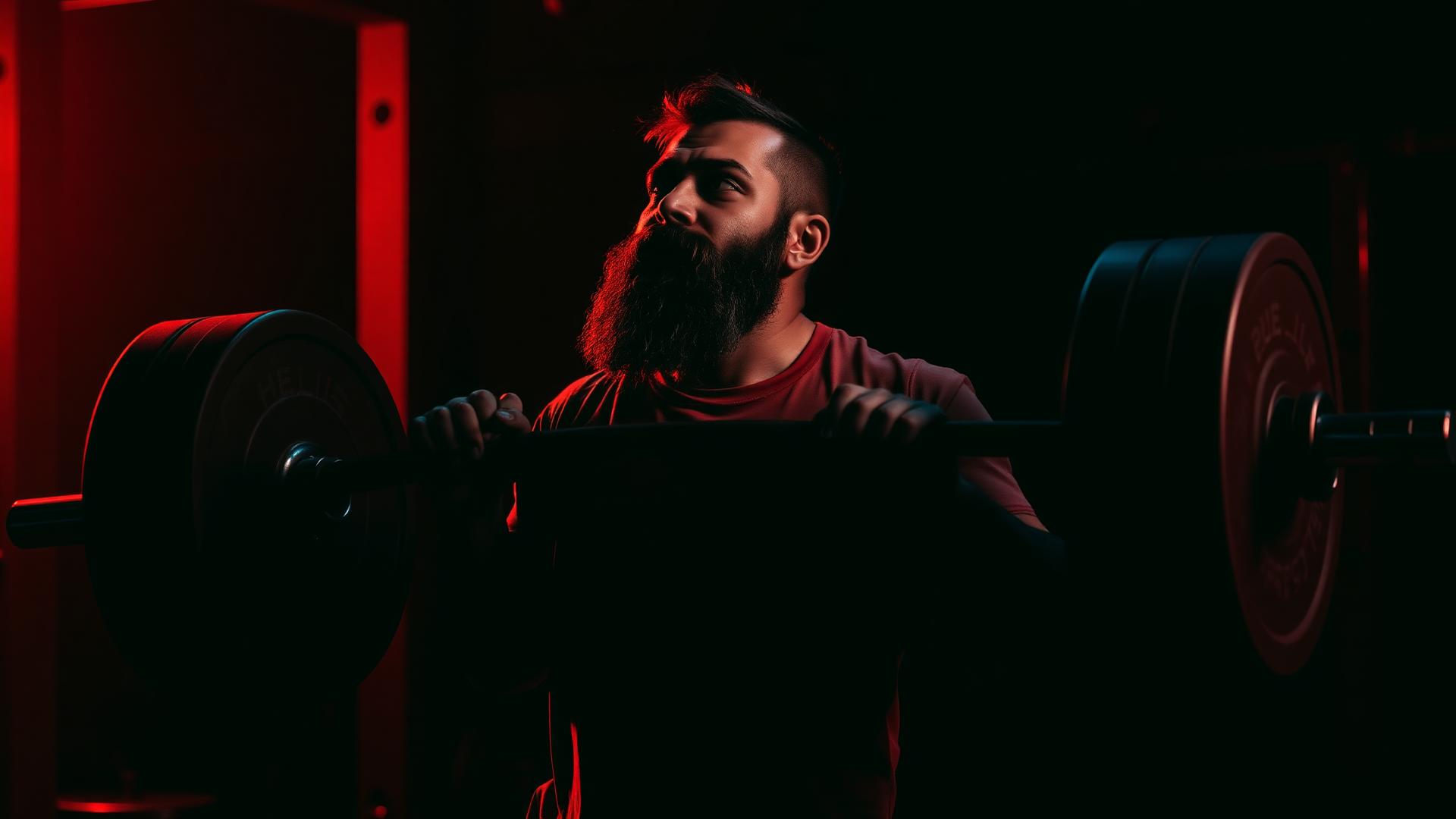 Middle Eastern athlete deadlifting a loaded barbell in a dark gym