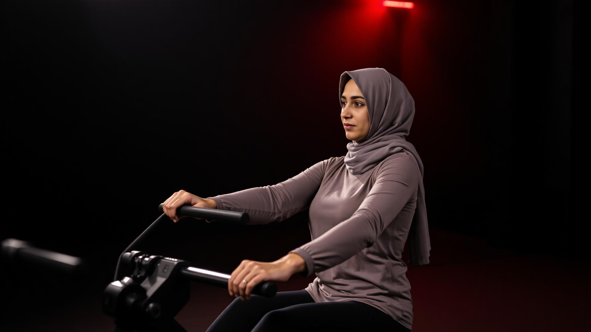 Middle Eastern woman in modest sportswear training on a rowing machine