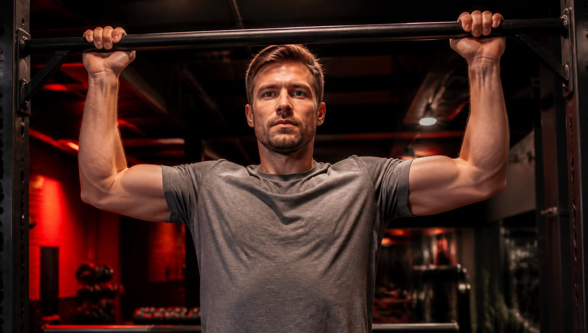 European athlete doing pull-ups on a bar in a red-lit gym
