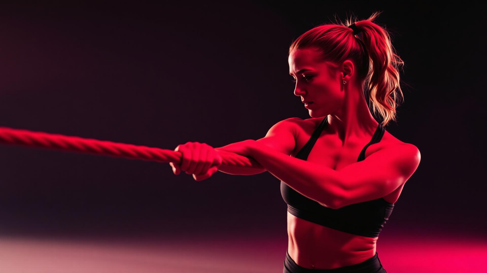 Fit woman doing battle rope training in a dark gym