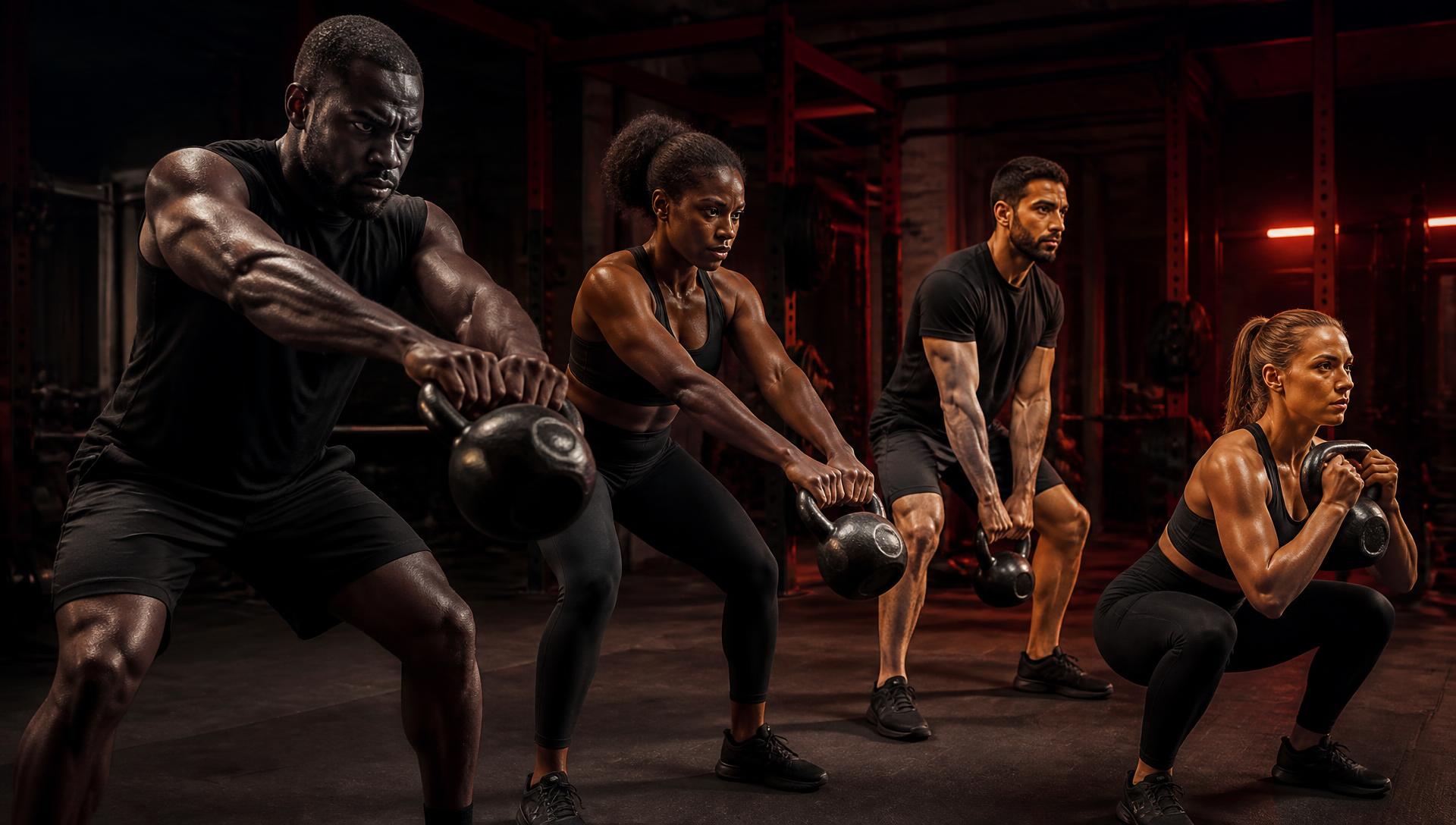 Diverse group of athletes training together with kettlebells