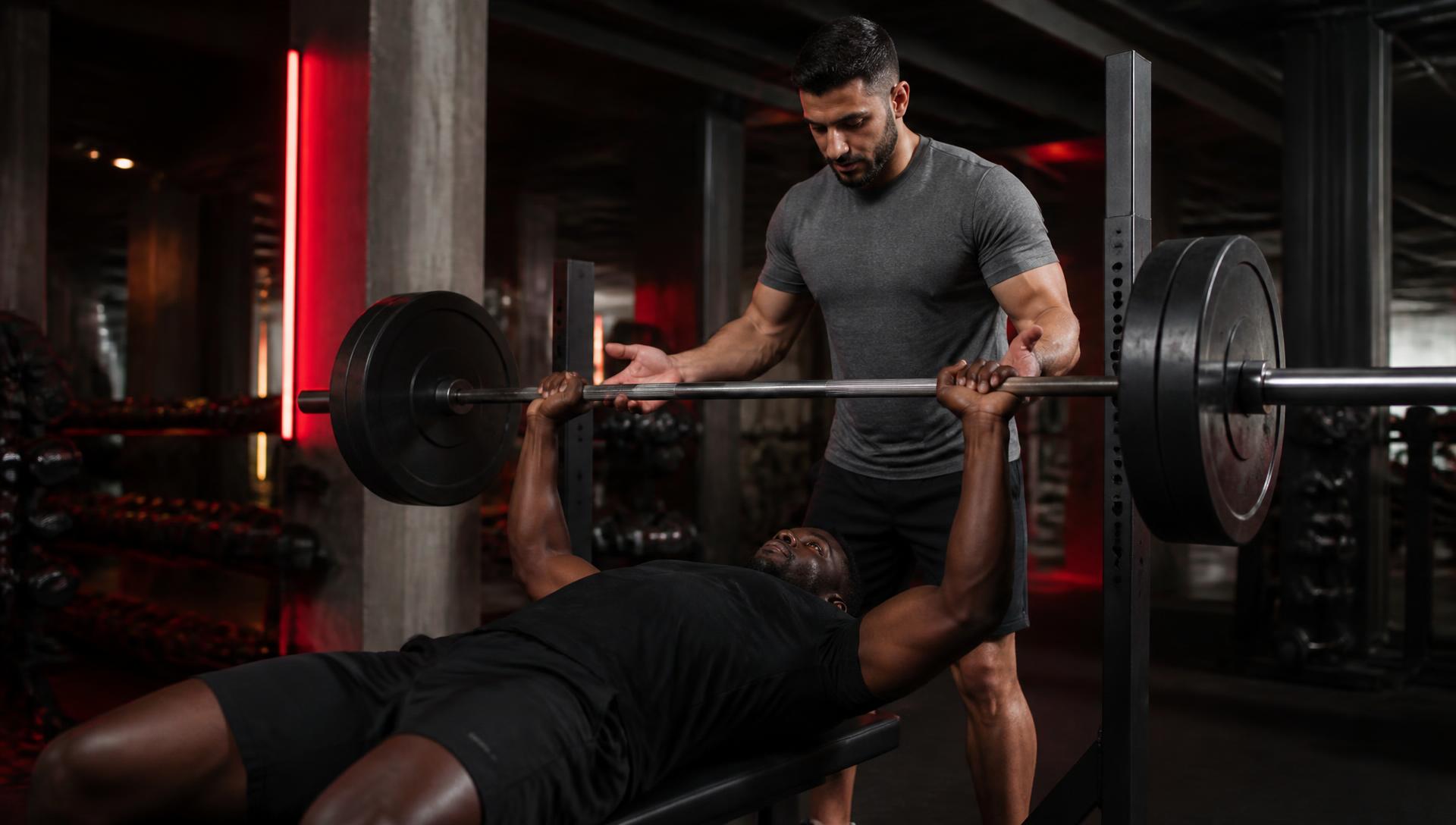 Two training partners spotting each other on the bench press